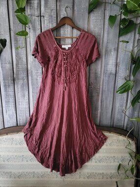 Burgundy Embroidered Rayon Umbrella Dress Boho OS